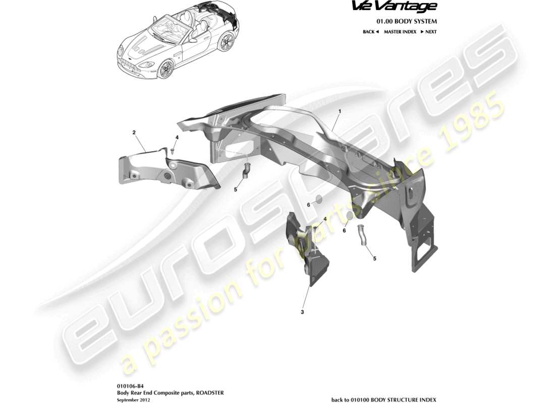 aston martin v12 vantage (2011) parte posteriore della carrozzeria in materiale composito, diagramma delle parti della roadster