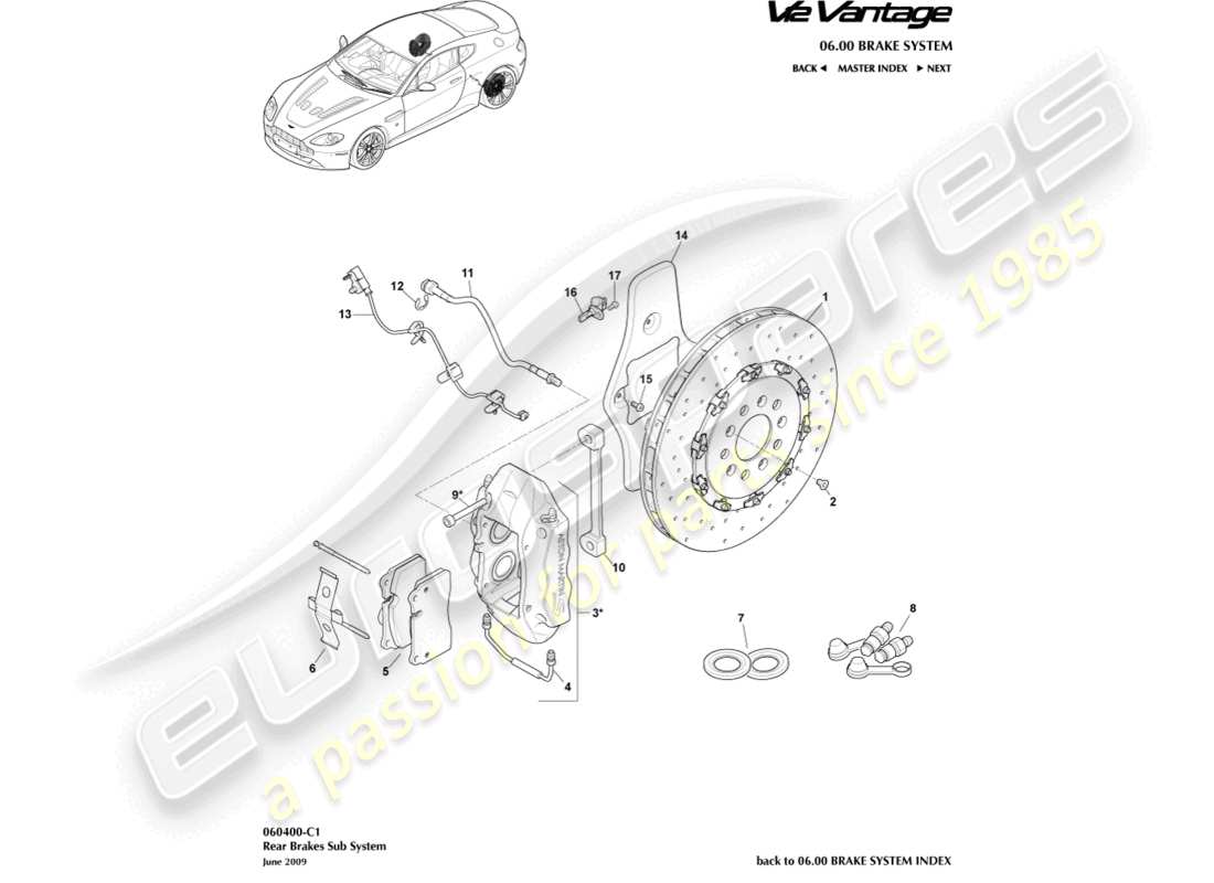 aston martin v12 vantage (2011) schema delle parti del sistema frenante posteriore