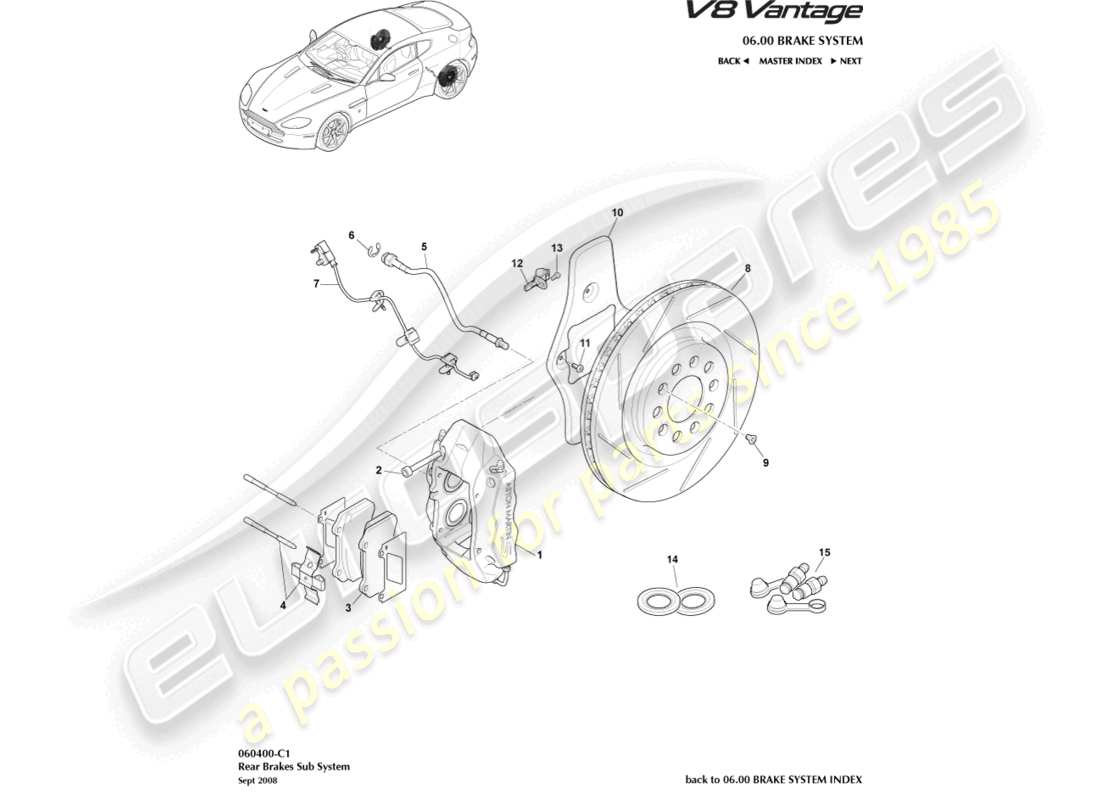 aston martin v8 vantage (2014) schema delle parti del sistema frenante posteriore