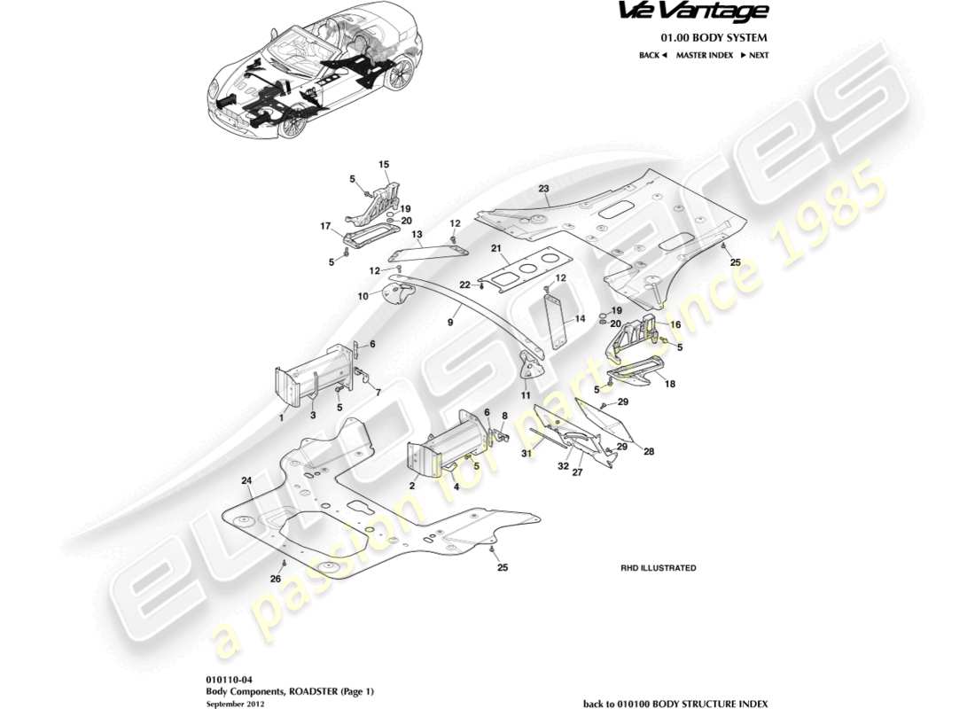 aston martin v12 vantage (2011) componenti della carrozzeria, diagramma delle parti della roadster