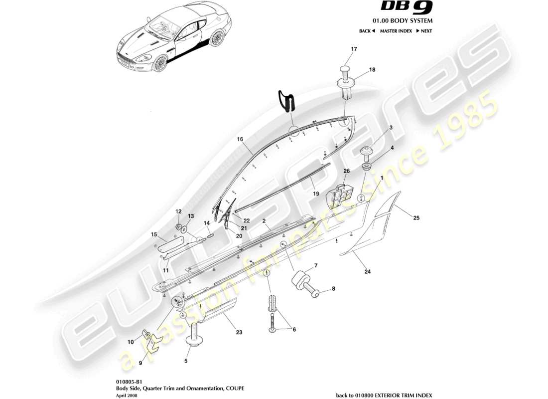 aston martin db9 (2010) schema della parte della carrozzeria e del quarto, diagramma delle parti della coupé
