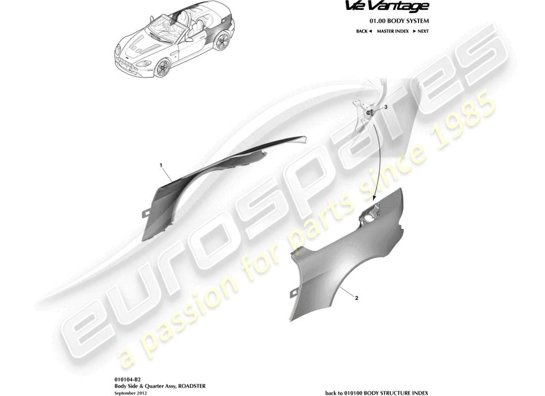 aston martin v12 vantage (2011) pannello laterale della carrozzeria, diagramma delle parti della roadster