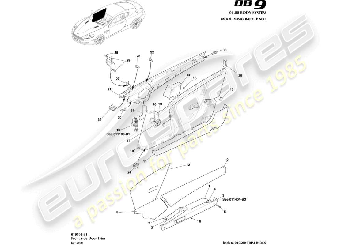aston martin db9 (2010) diagramma delle parti del rivestimento della porta