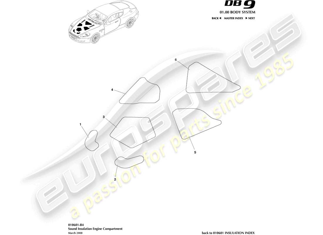 aston martin db9 (2006) isolamento acustico, comp. motore diagramma delle parti