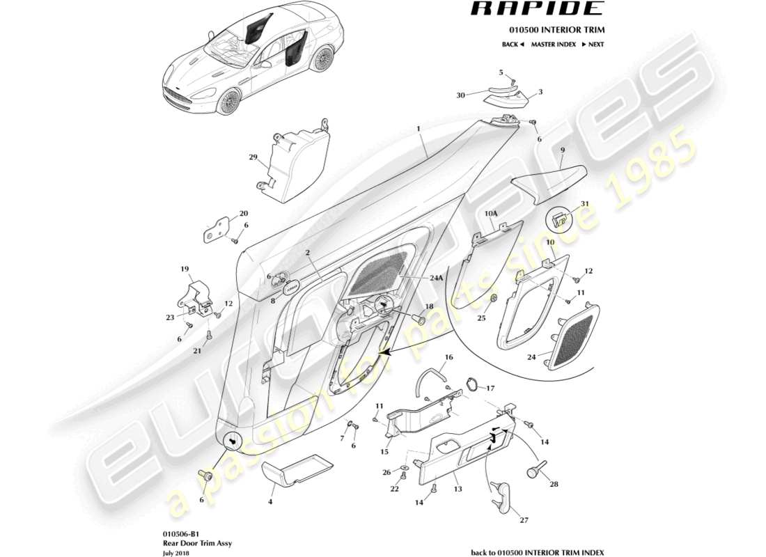 aston martin rapide (2019) pannello di rivestimento della portiera posteriore diagramma delle parti
