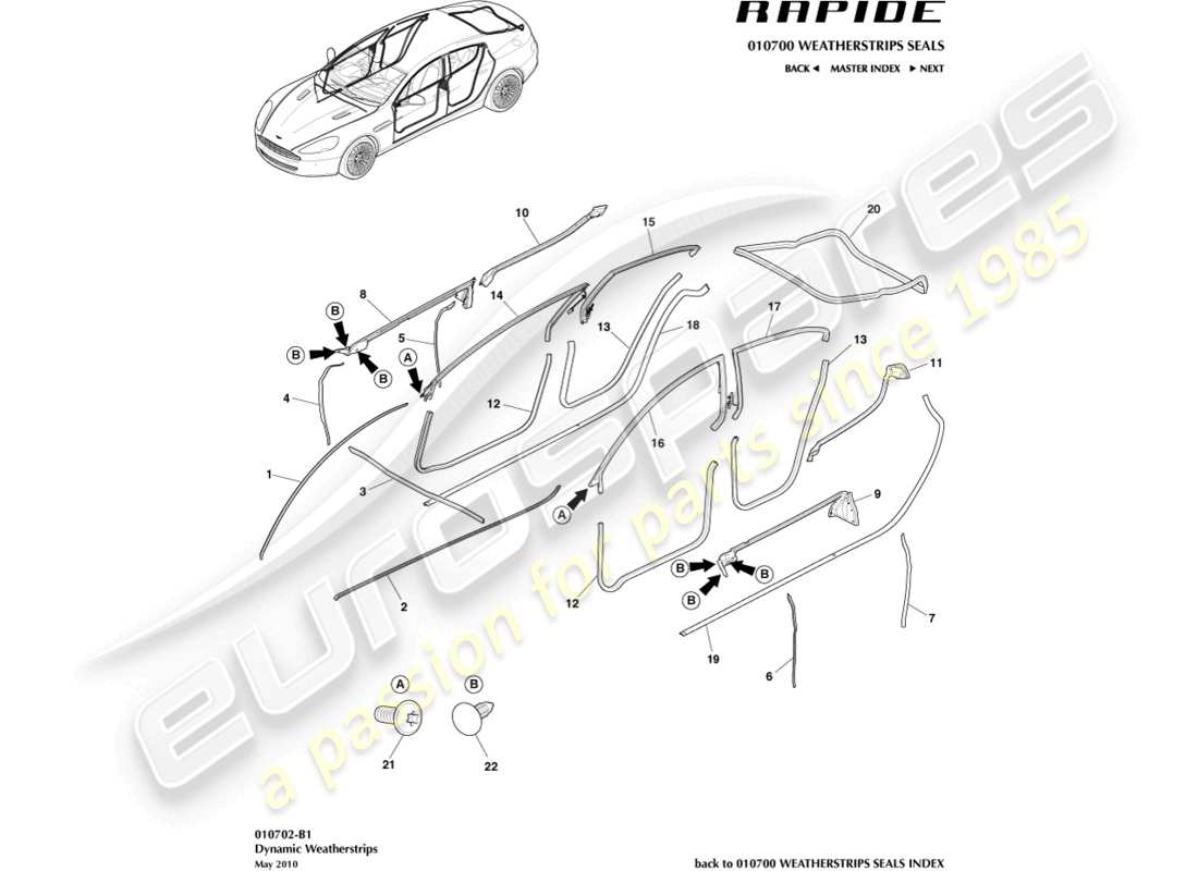aston martin rapide (2010) dynamische dichtungsstreifen teilediagramm