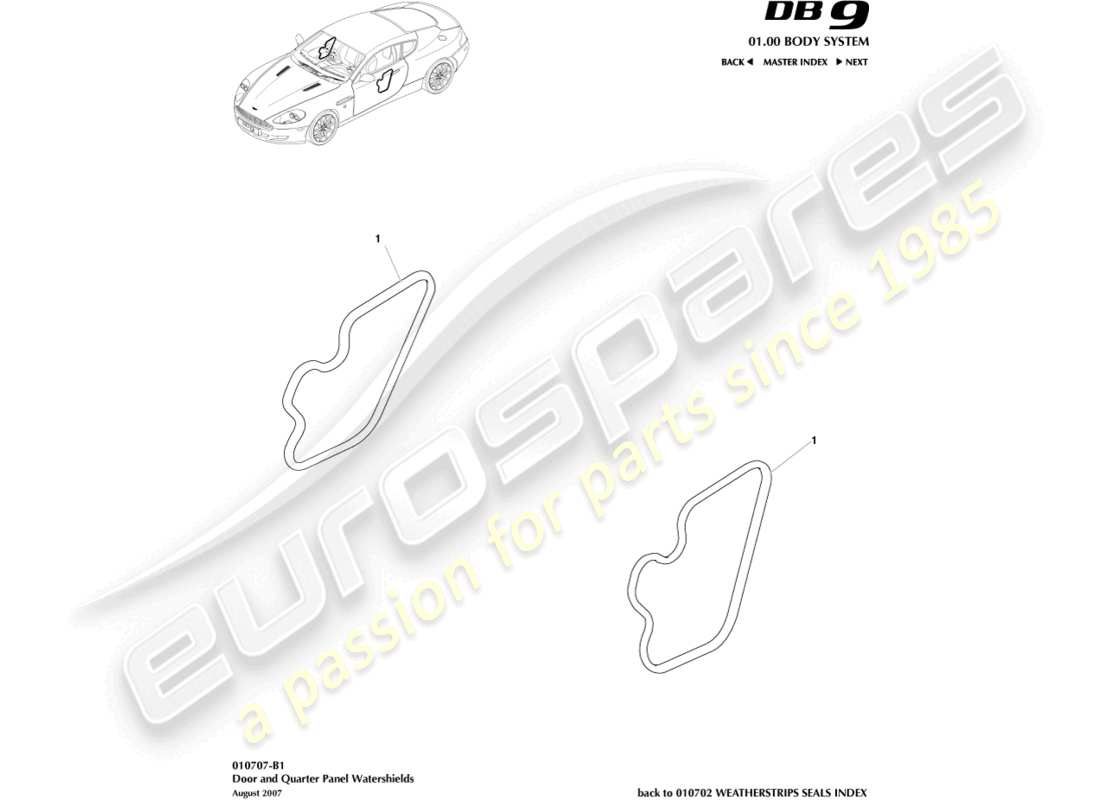 aston martin db9 (2007) diagramma delle parti di watershields