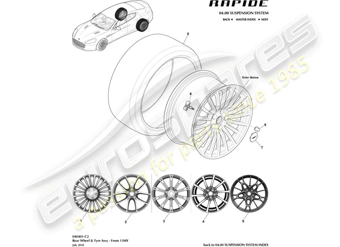 aston martin rapide (2012) ruote e pneumatici posteriori dal diagramma delle parti 13my