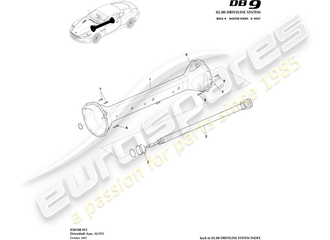 aston martin db9 (2007) gruppo albero di trasmissione, diagramma delle parti di auto