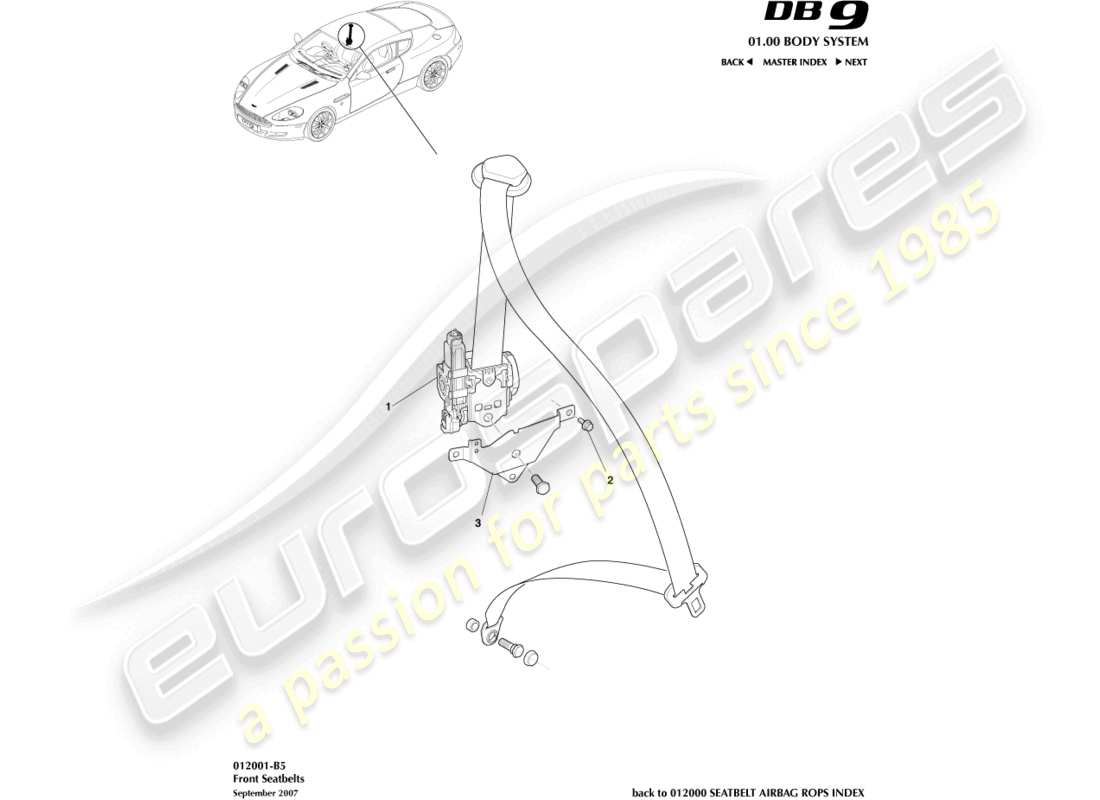 aston martin db9 (2008) diagramma delle parti delle cinture di sicurezza anteriori