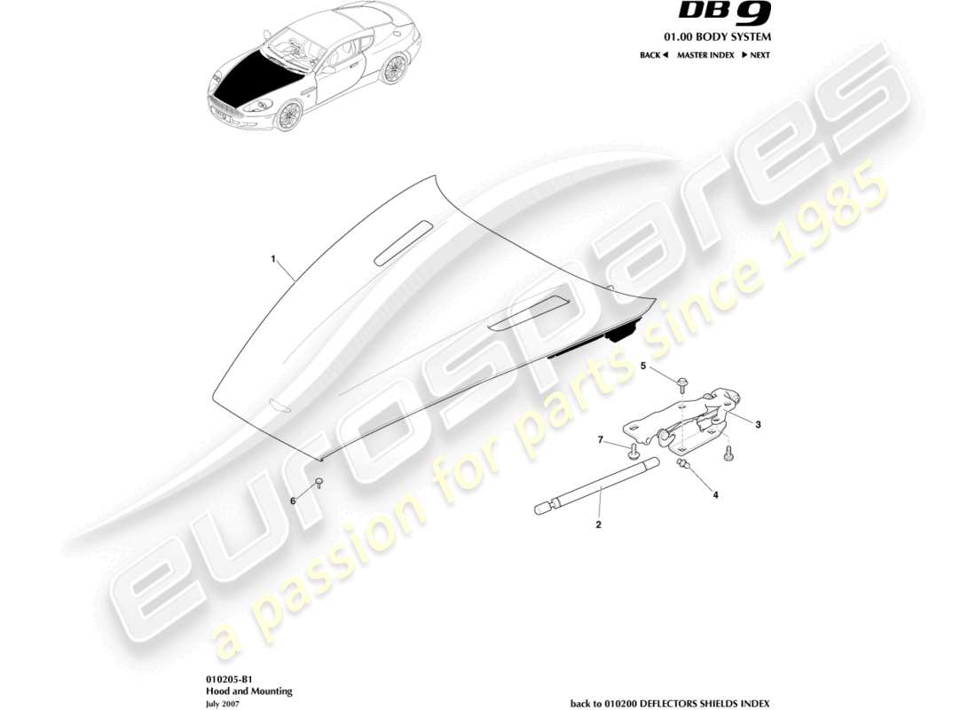 aston martin db9 (2008) schema del cofano e delle parti di montaggio