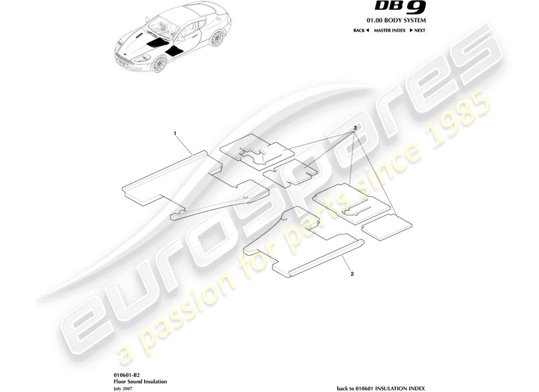 aston martin db9 (2007) diagramma delle parti dell'isolamento acustico del pavimento