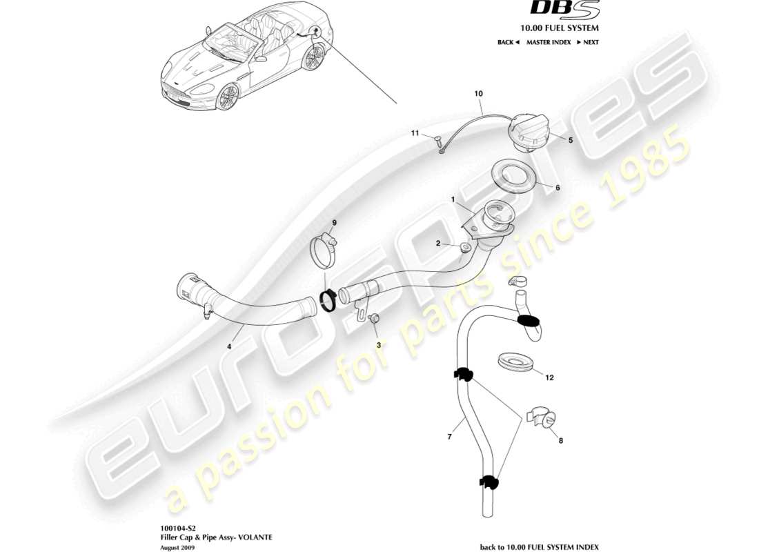 aston martin dbs (2013) tappo e tubo del bocchettone di rifornimento carburante, diagramma delle parti di volante