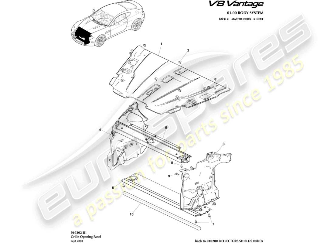 aston martin v8 vantage (2006) diagramma delle parti del pannello di apertura della griglia