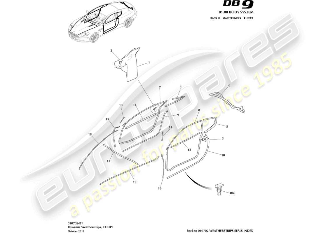 aston martin db9 (2007) guarnizioni dinamiche, diagramma delle parti del coupé