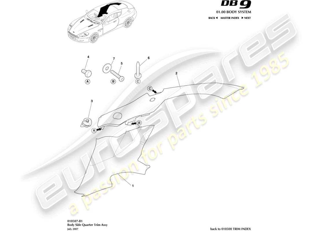 aston martin db9 (2004) finiture laterali della carrozzeria, coupé diagramma delle parti