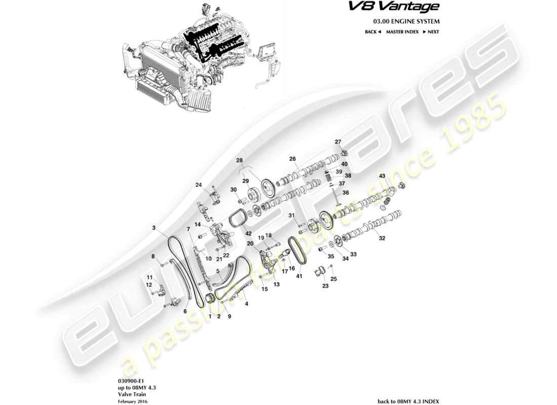 aston martin v8 vantage (2009) diagramma delle parti del treno di valvole
