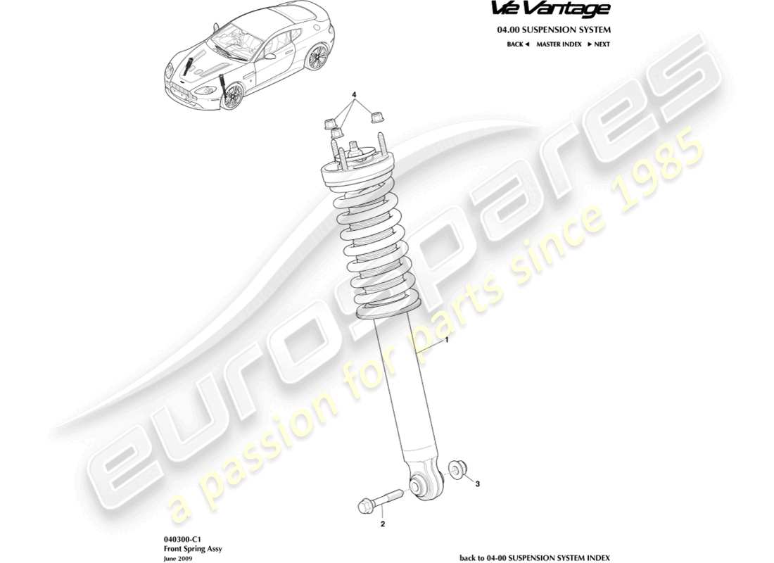 aston martin v12 vantage (2011) diagramma delle parti della molla anteriore e dell'ammortizzatore