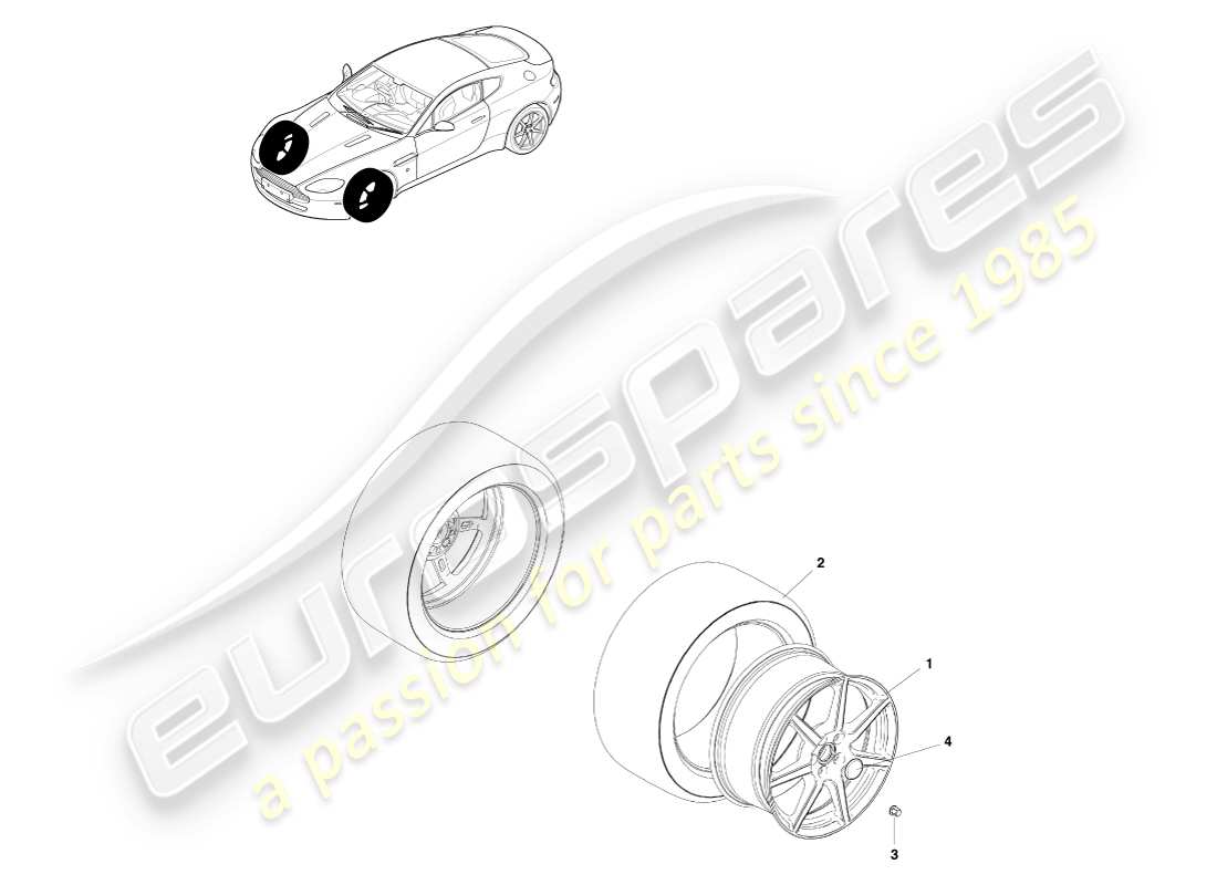 aston martin v8 vantage (2005) ruote e pneumatici anteriori, al diagramma delle parti 09my