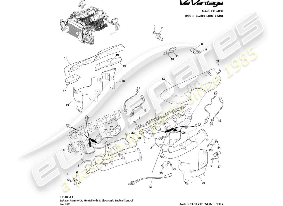 aston martin v12 vantage (2011) collettori di scarico schema delle parti