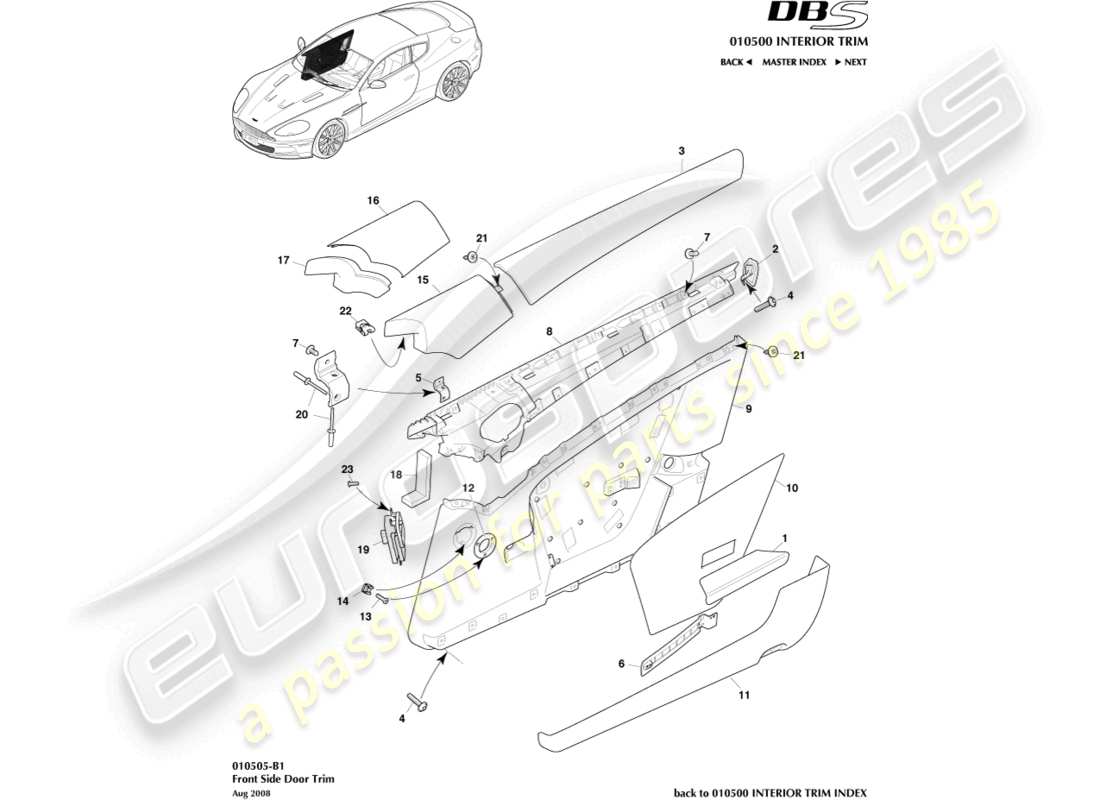 aston martin dbs (2010) rivestimento della porta diagramma delle parti