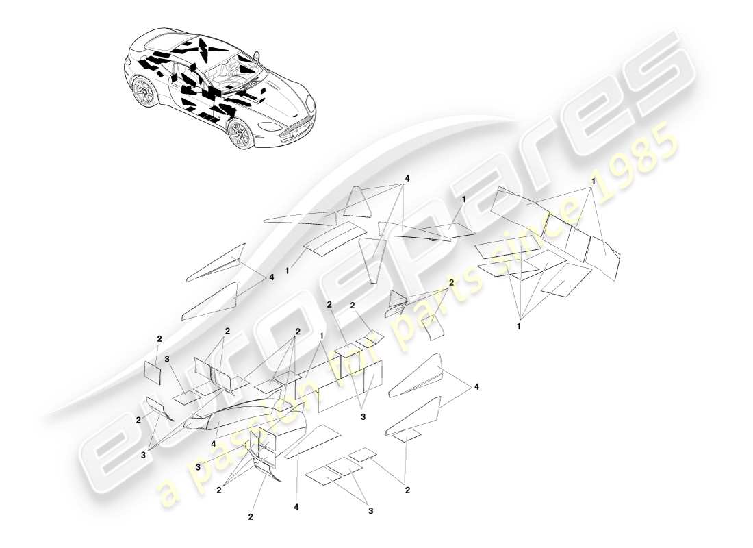 aston martin v8 vantage (2005) cuscinetti sonori anti-can, diagramma delle parti con guida a sinistra
