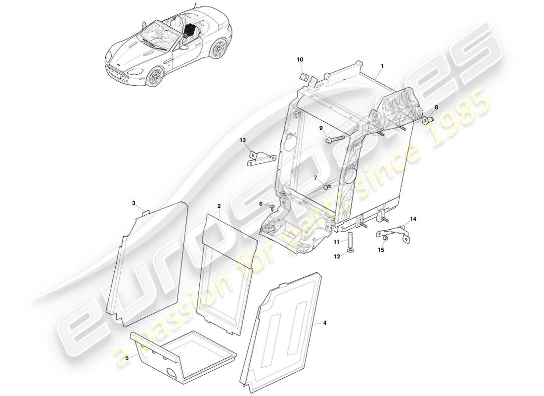 aston martin v8 vantage (2005) rivestimento dell'ambiente posteriore, diagramma delle parti della roadster
