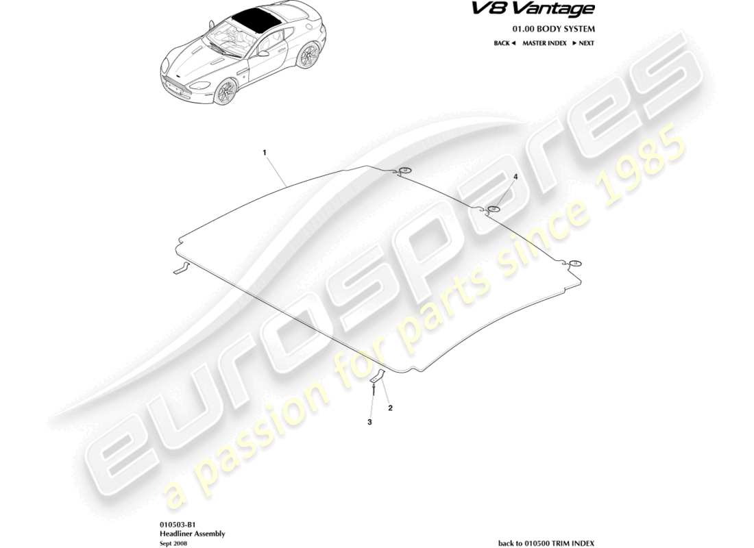 aston martin v8 vantage (2006) diagramma delle parti del gruppo headliner
