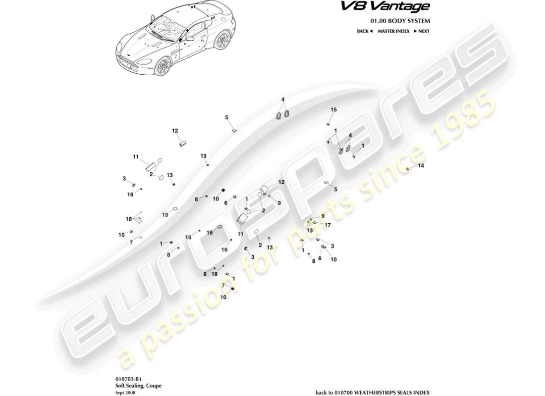 aston martin v8 vantage (2006) tenuta morbida, diagramma delle parti del coupé