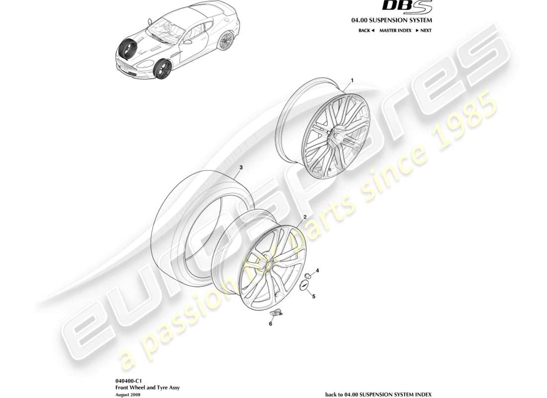 aston martin dbs (2007) ruote e pneumatici anteriori diagramma delle parti