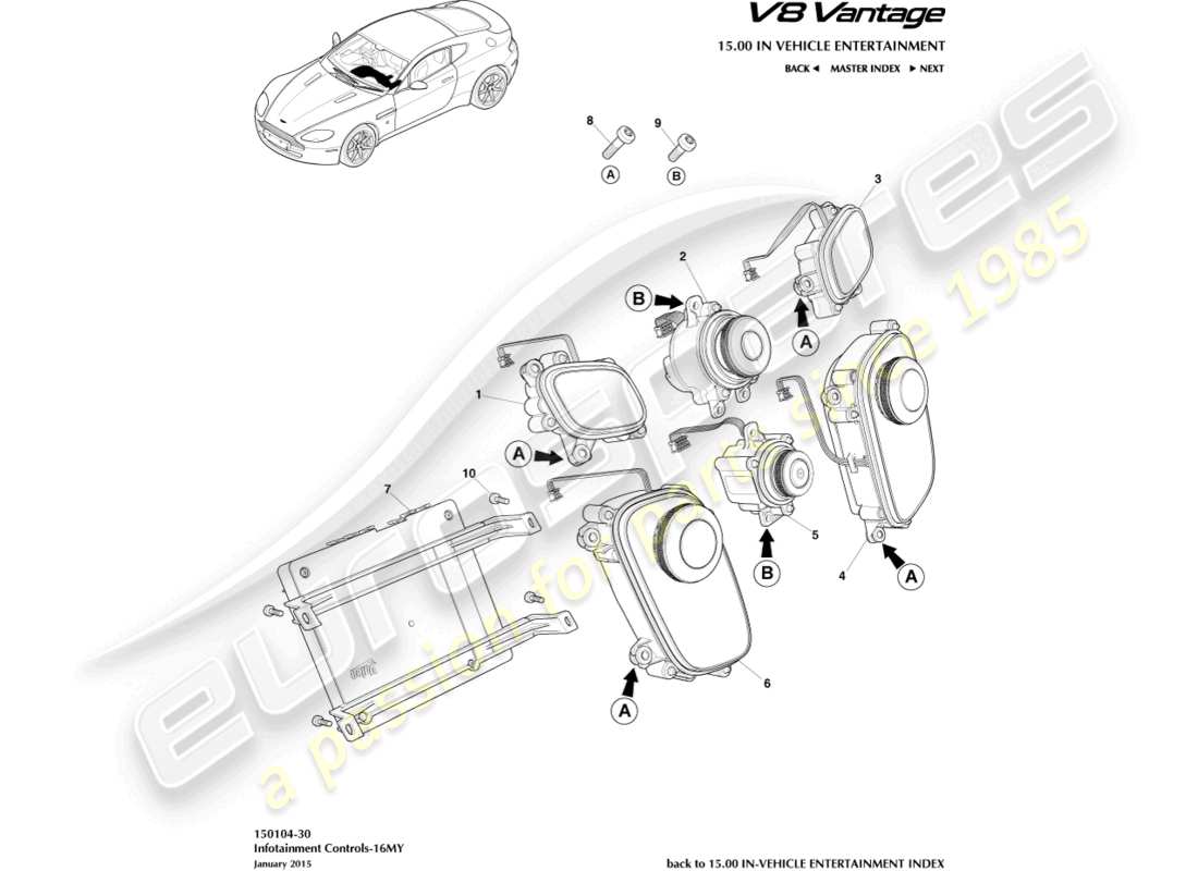 aston martin v8 vantage (2014) controlli di infotainment, diagramma delle parti 16my