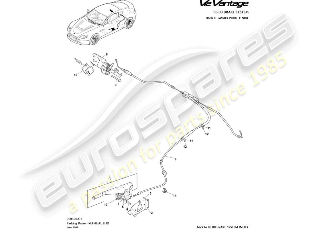 aston martin v12 vantage (2010) freno di stazionamento, schema delle parti con guida a sinistra