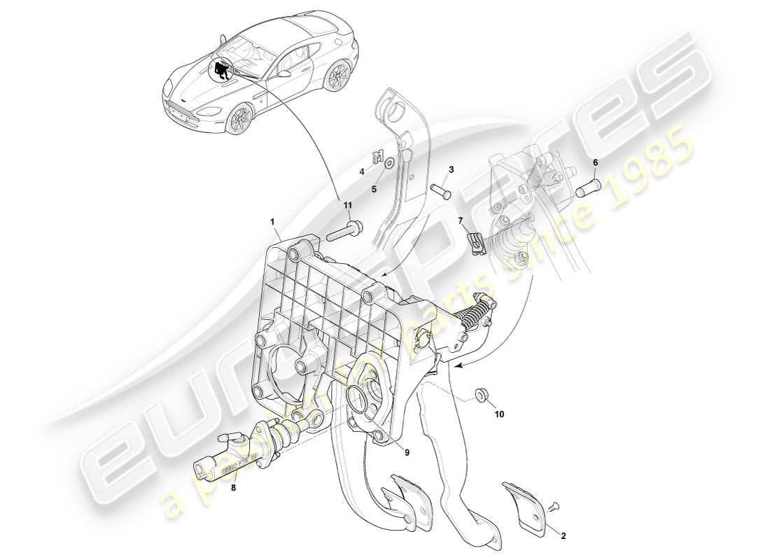 aston martin v8 vantage (2005) gruppo attuatore freno, diagramma delle parti del manuale