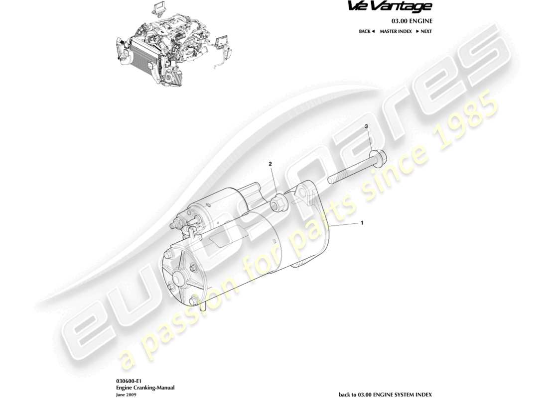 aston martin v12 vantage (2013) diagramma delle parti di avviamento del motore