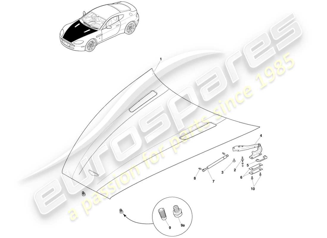 aston martin v8 vantage (2005) schema del cofano e delle parti di montaggio