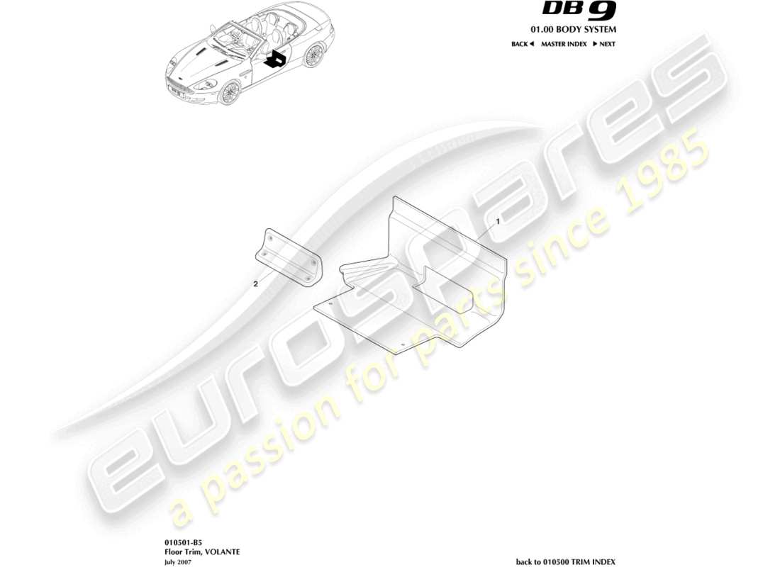 aston martin db9 (2005) bodenverkleidung, volante teilediagramm