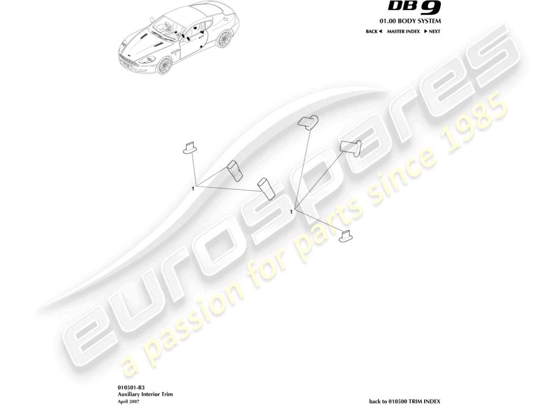 aston martin db9 (2007) finiture interne ausiliarie diagramma delle parti