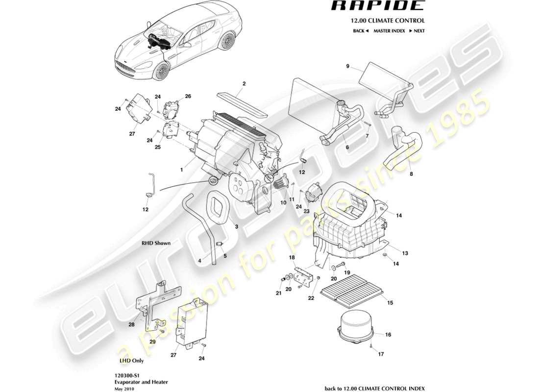 aston martin rapide (2010) unità hvac diagramma delle parti