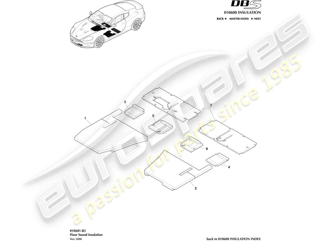 aston martin dbs (2007) bodenschalldämmung teilediagramm