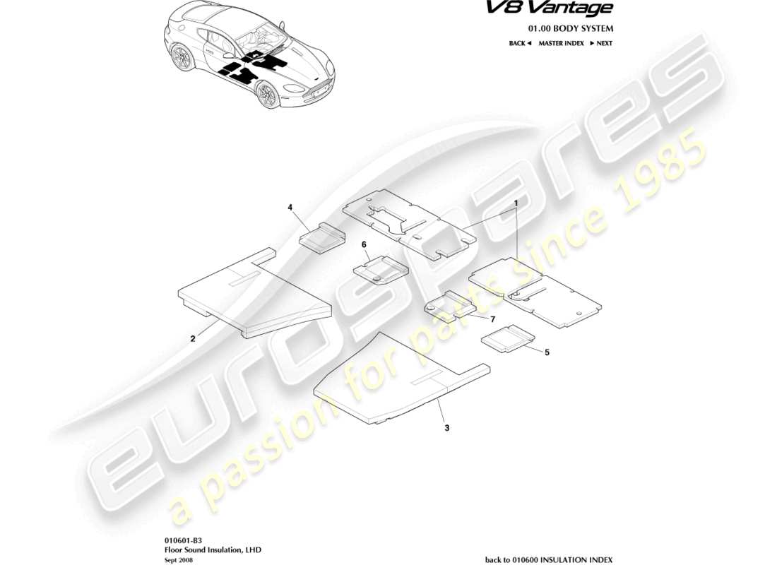 aston martin v8 vantage (2012) isolamento acustico del pavimento, diagramma delle parti con guida a sinistra