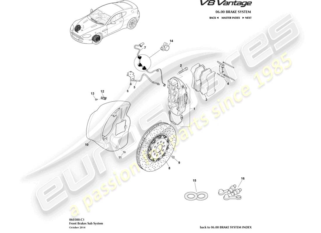 aston martin v8 vantage (2012) schema delle parti del sistema frenante anteriore