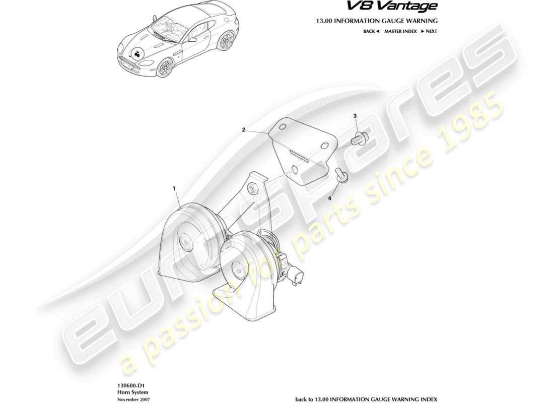 aston martin v8 vantage (2012) diagramma delle parti del sistema clacson