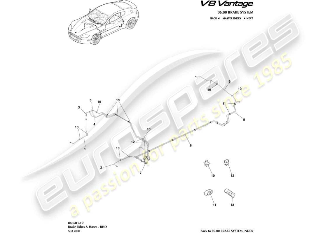 aston martin v8 vantage (2012) diagramma delle parti di tubazioni e tubi flessibili dei freni, guida a destra