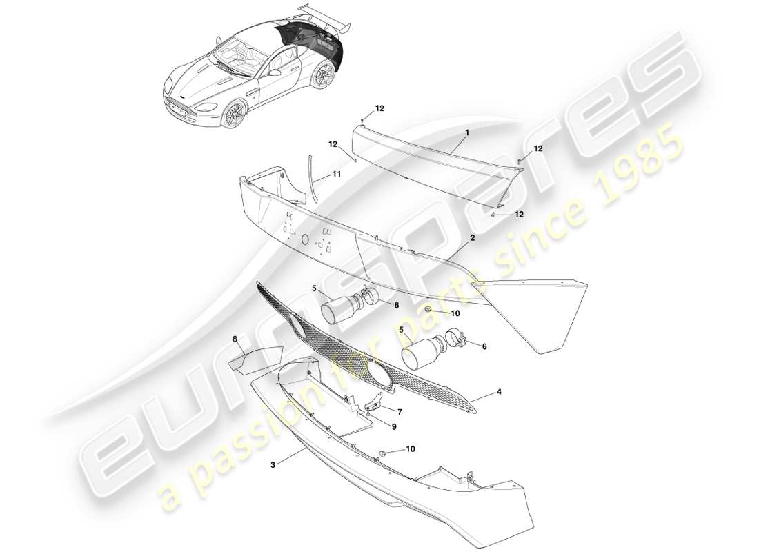 aston martin v8 vantage (2005) paraurti posteriore, diagramma delle parti gt8