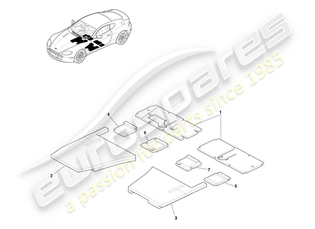 aston martin v8 vantage (2007) isolamento acustico del pavimento, diagramma delle parti con guida a destra