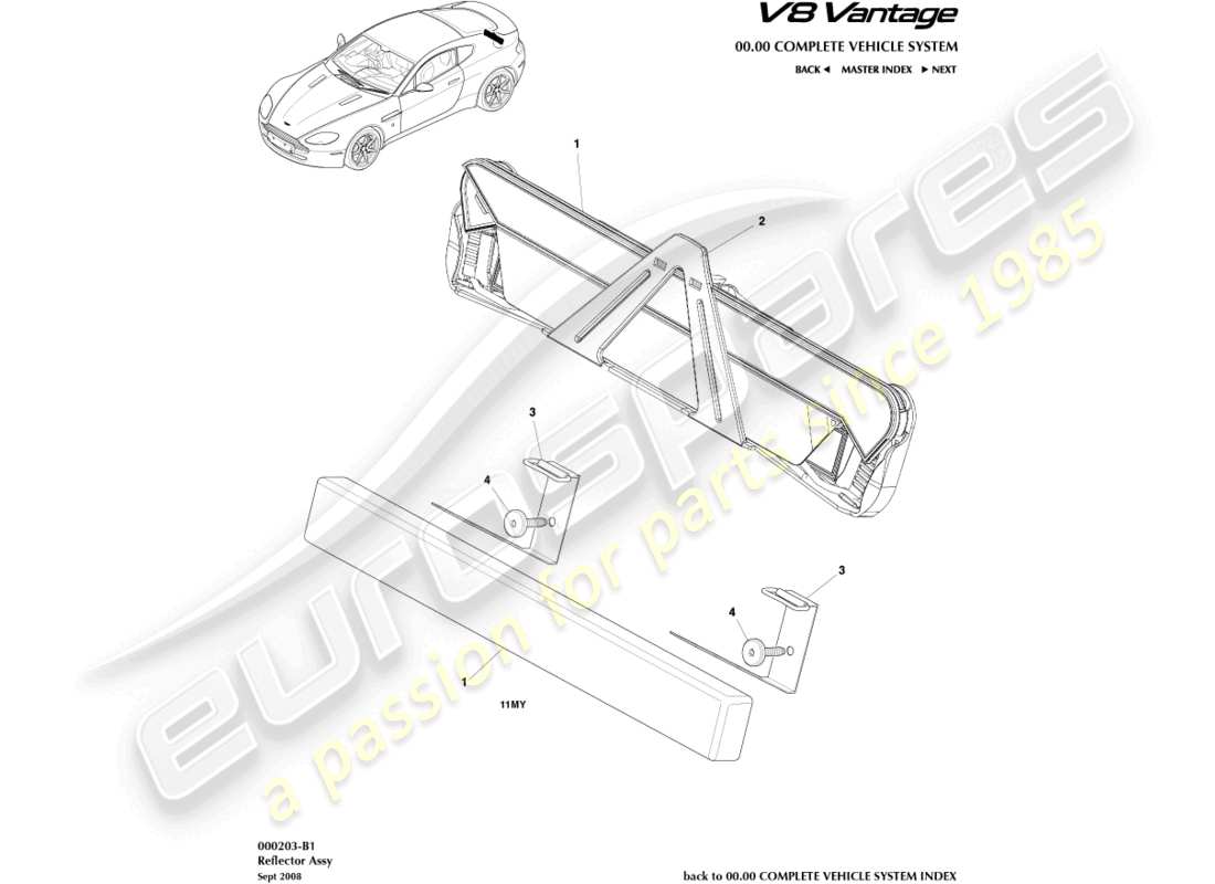 aston martin v8 vantage (2012) diagramma delle parti del catarifrangente di segnalazione pericolo