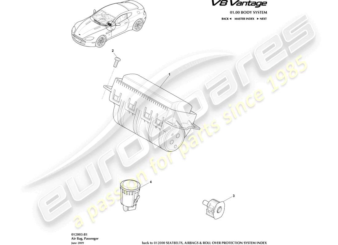 aston martin v8 vantage (2012) schema delle parti dell'airbag passeggero