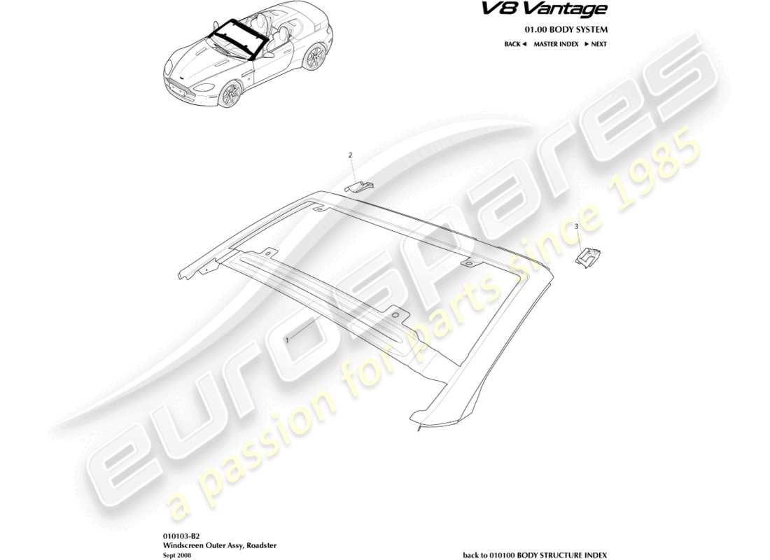aston martin v8 vantage (2012) schema delle parti del parabrezza, esterno, roadster