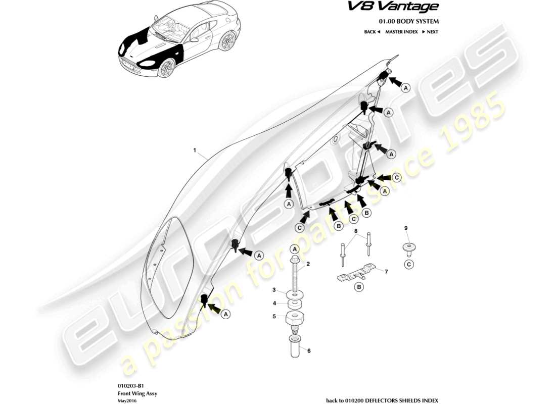 aston martin v8 vantage (2012) schema delle parti del gruppo ala anteriore