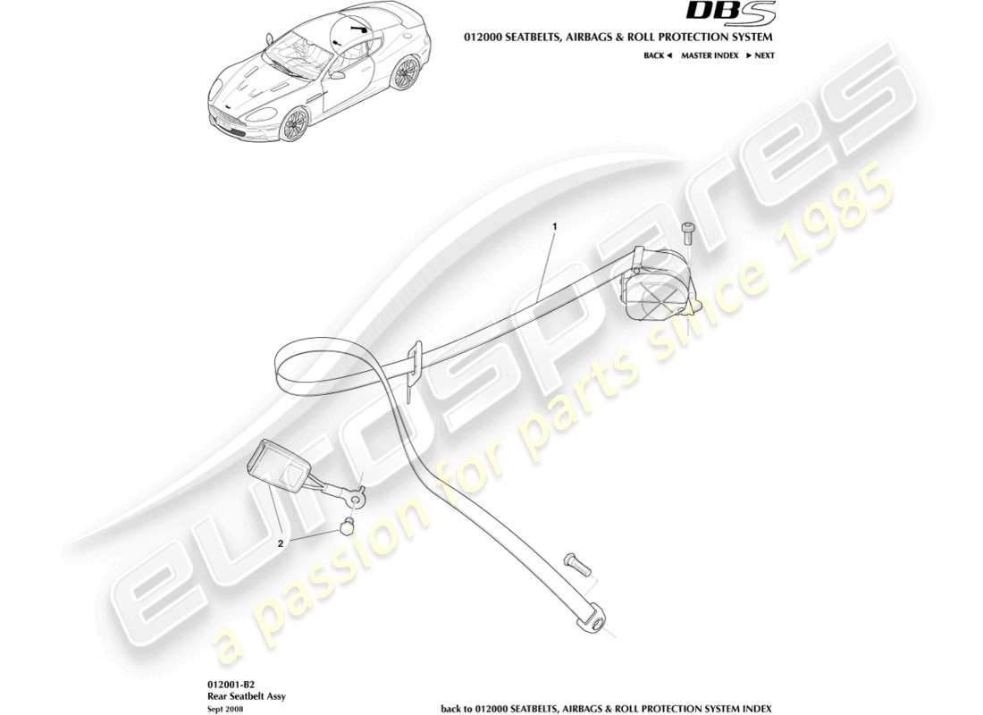 aston martin dbs (2007) cinture di sicurezza posteriori diagramma delle parti